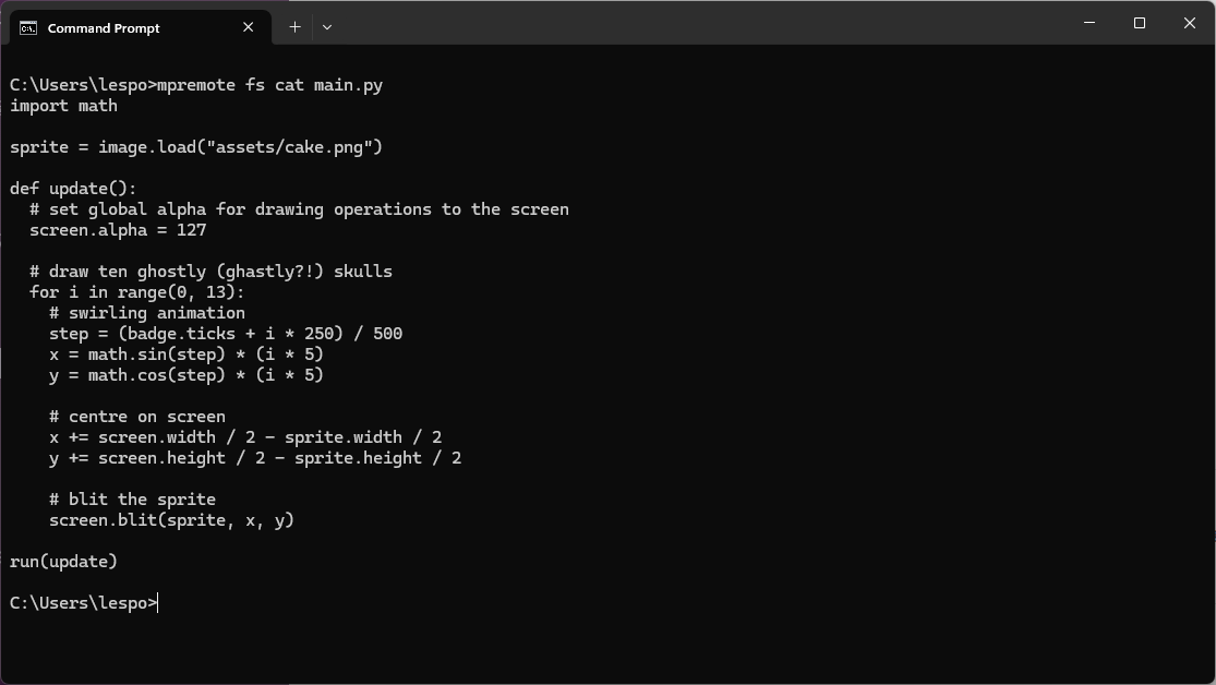 mpremote fs cat command displaying a file in Command Prompt