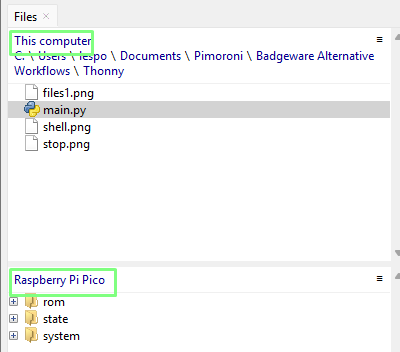 Thonny's file manager showing computer and Raspberry Pi Pico files