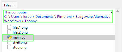 Thonny's file manager opened to the folder containing main.py