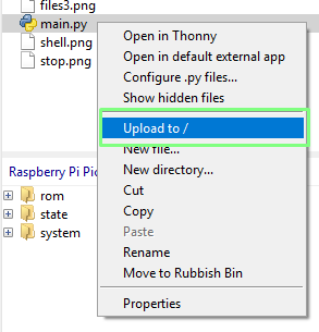 Thonny's context menu with Upload to / selected