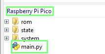Thonny's file manager showing main.py copied to the Raspberry Pi Pico