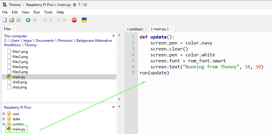 main.py from the Raspberry Pi Pico open in Thonny's editor