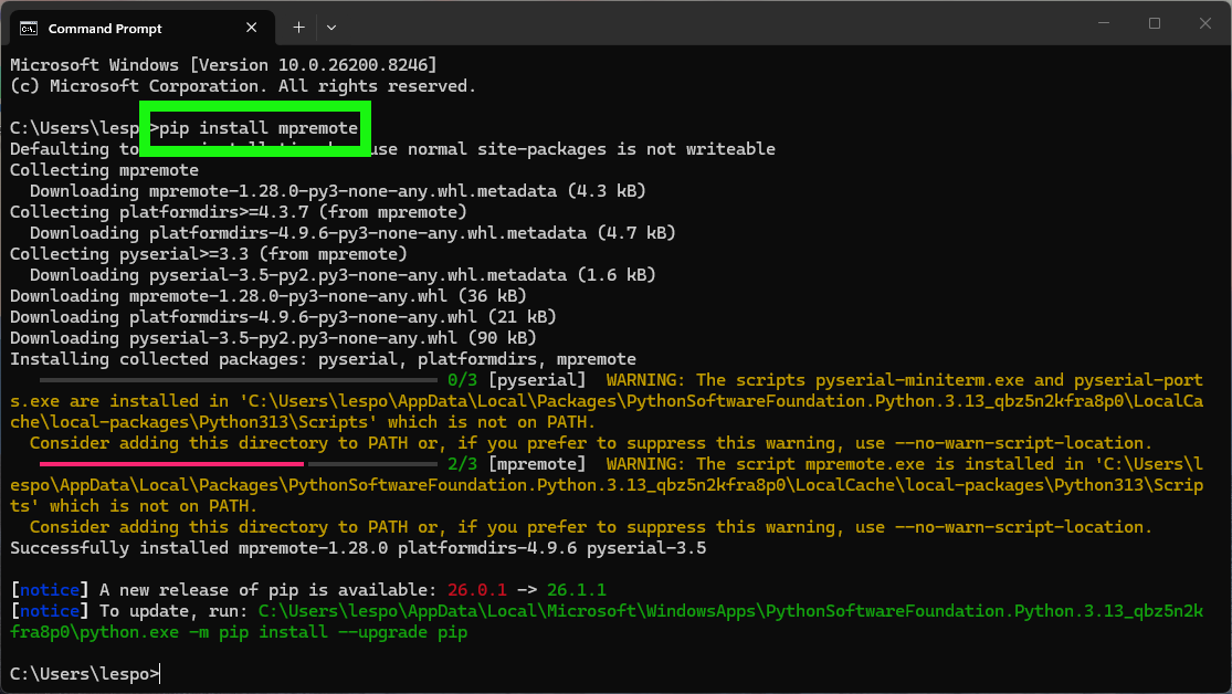 Command Prompt showing pip installing mpremote