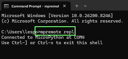 mpremote opening a MicroPython REPL in Command Prompt