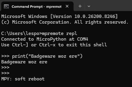mpremote session after rebooting the Badgeware device and exiting