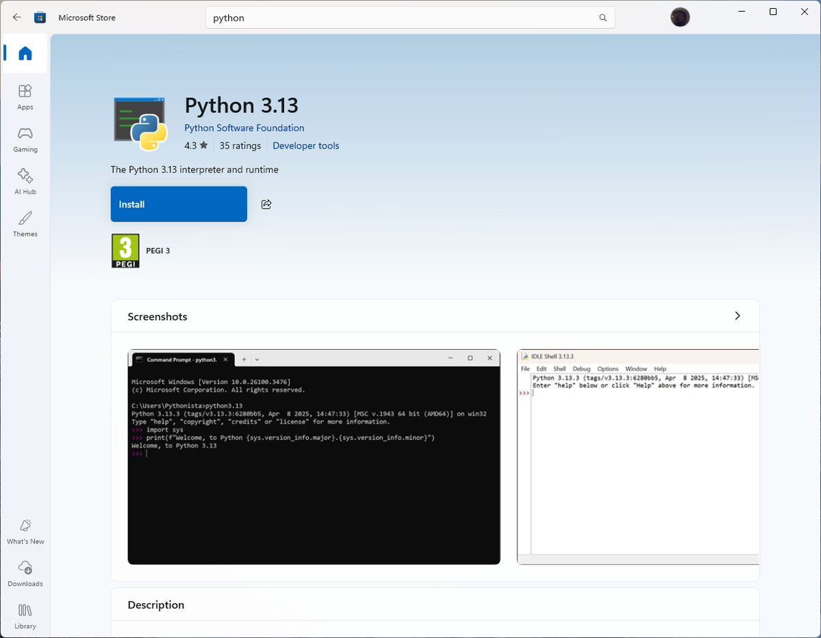 Microsoft Store page for installing Python