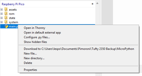 Thonny's file manager context menu showing filesystem commands