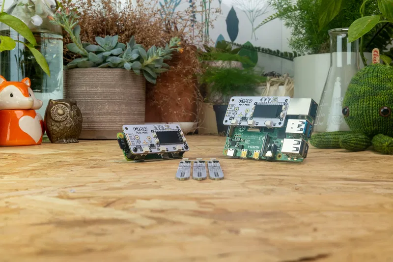 Grow HAT Minis attached to a Pi Zero and a Pi 4, and three Grow moisture sensors