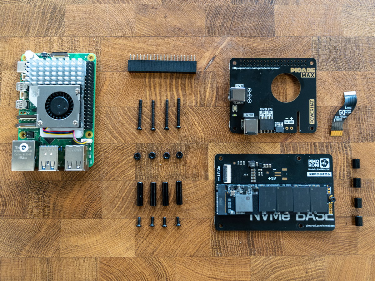 Raspberry Pi 5 and NVMe Base components for cabinet mounting