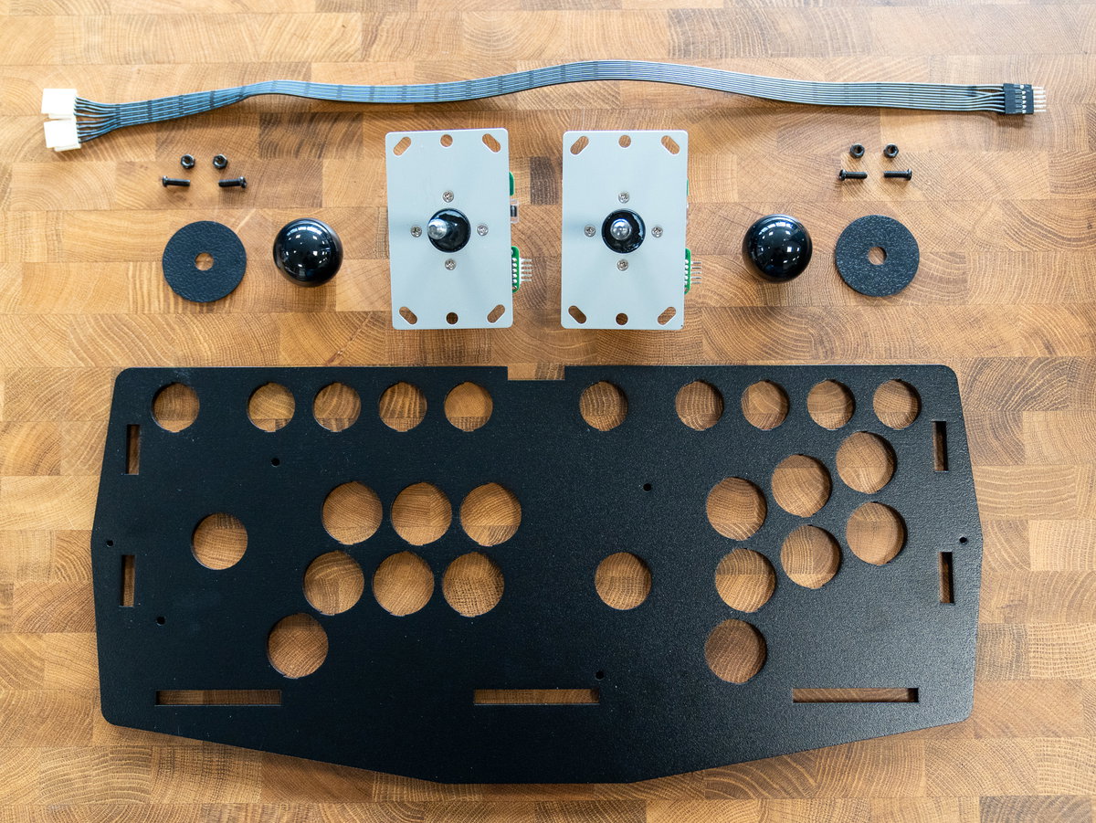 Two-player wooden console panel, joysticks, cables, and M4 fixings
