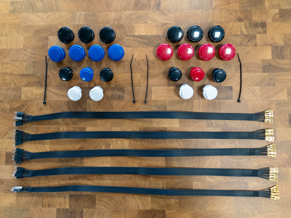 Two-player arcade buttons and wiring loom connectors