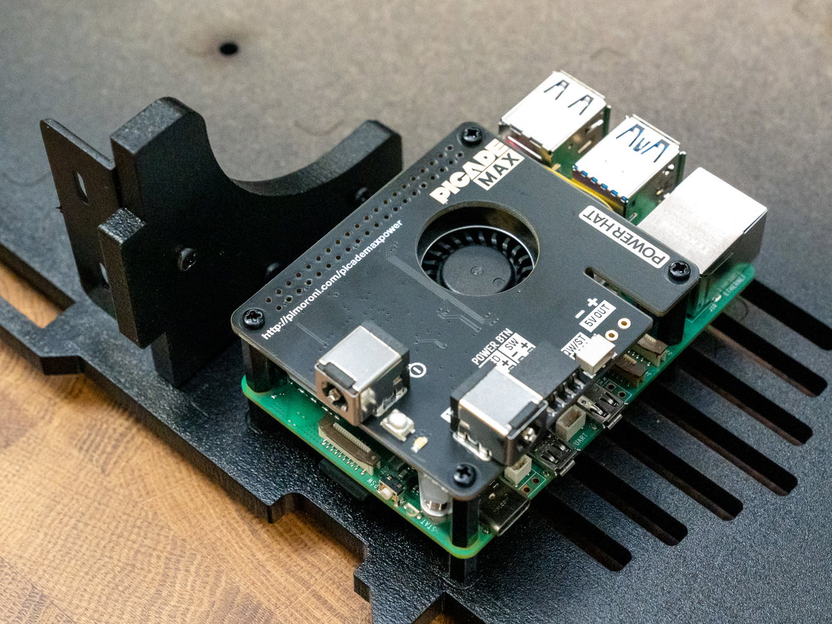 Picade Max Power HAT fitted on top of the Raspberry Pi