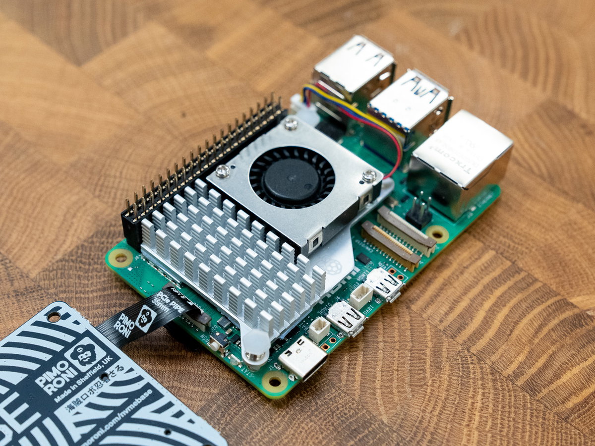 Raspberry Pi with Active Cooler and booster header connected to the NVMe Base