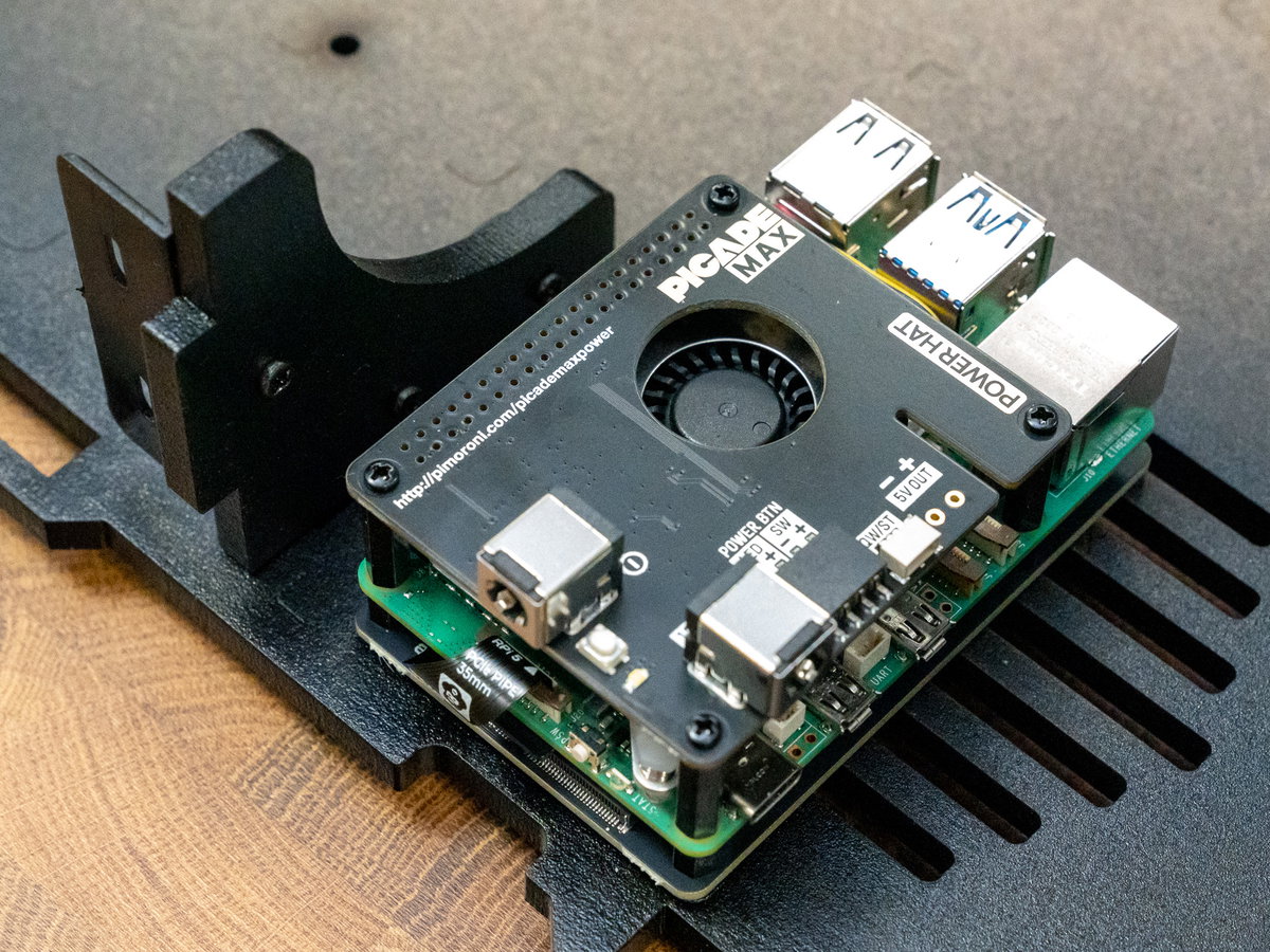 Picade Max Power HAT fitted above the Raspberry Pi and NVMe Base