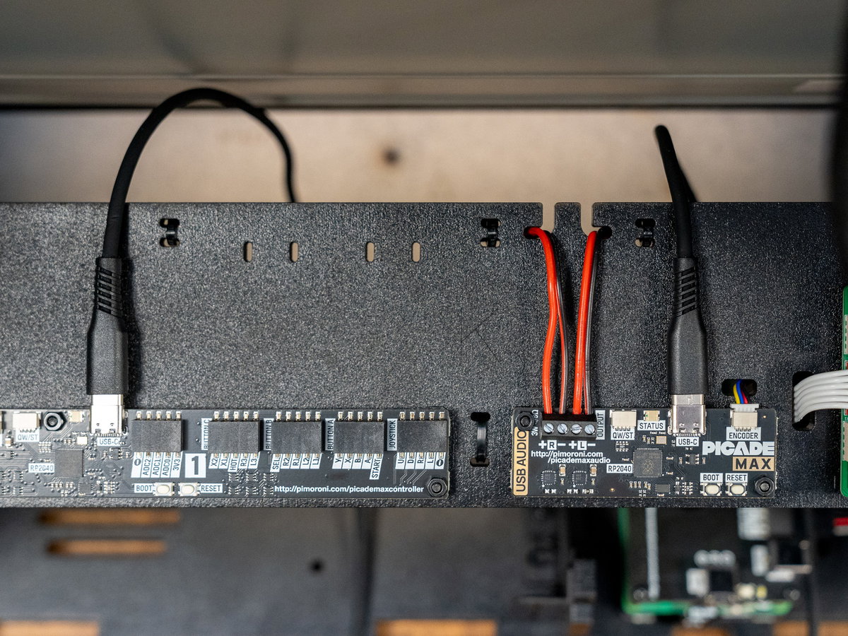 USB-C cables connected to the Picade Max Controller and Audio boards