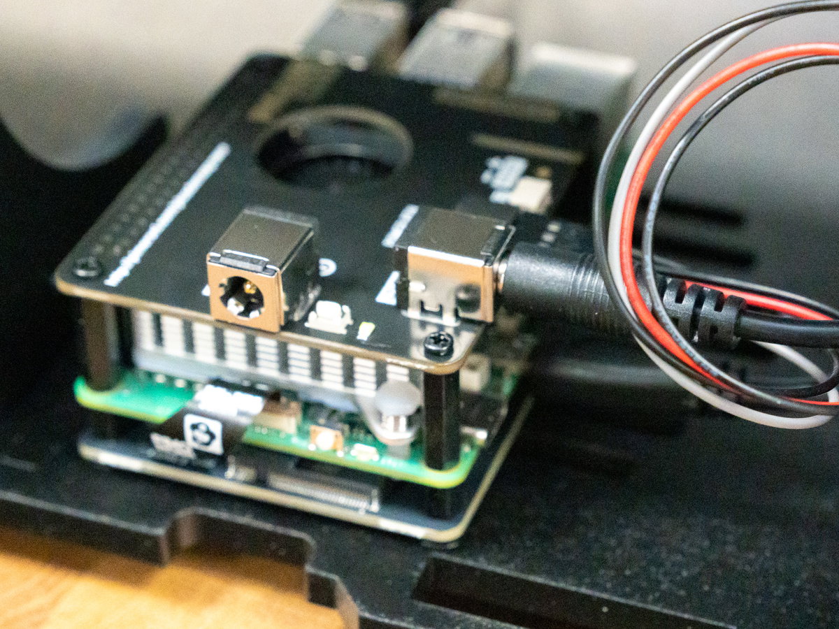 Barrel jack cable connected between the Power HAT and display driver