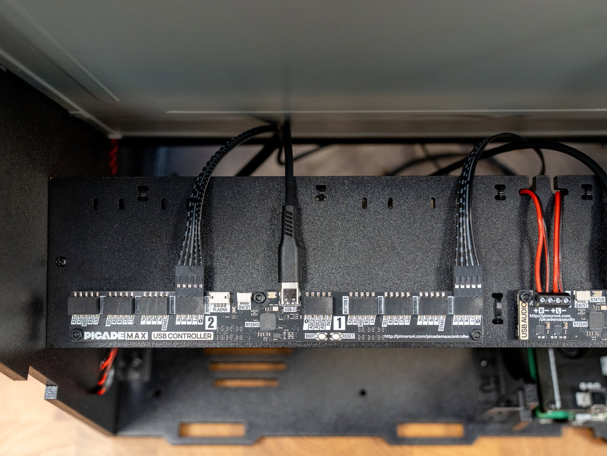 Two-player joystick cables connected to the USB Controller board