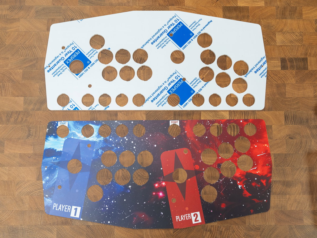 Two-player acrylic console panel and cardboard artwork