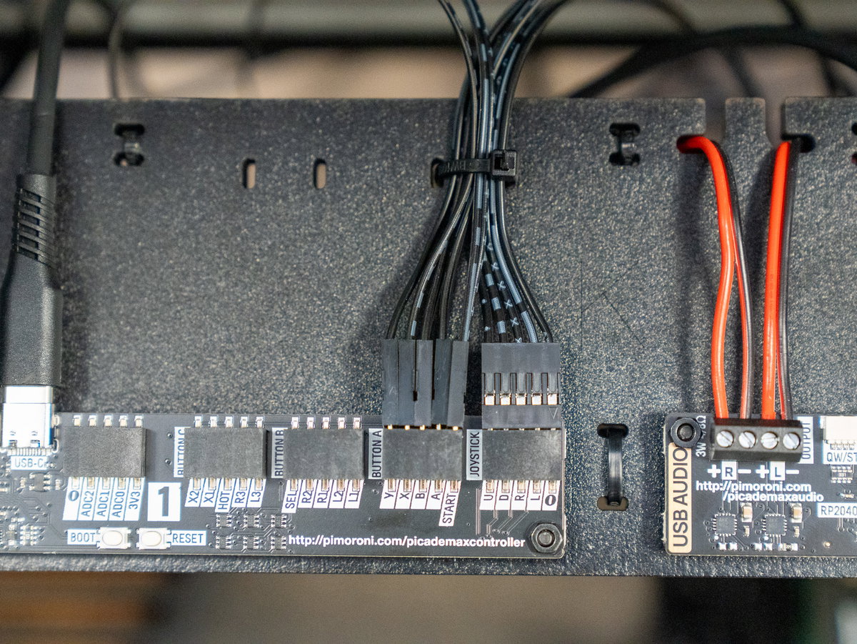 Player one button wires connected to the USB Controller board