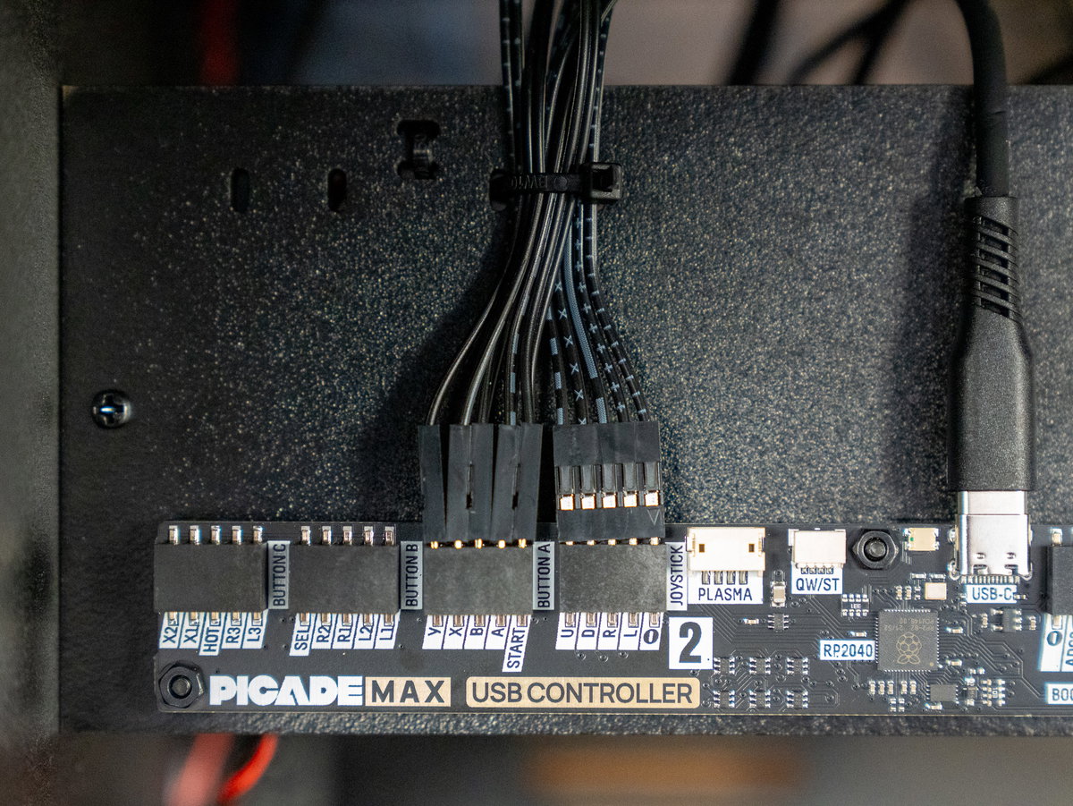 Player two arcade button wires attached to the USB Controller board