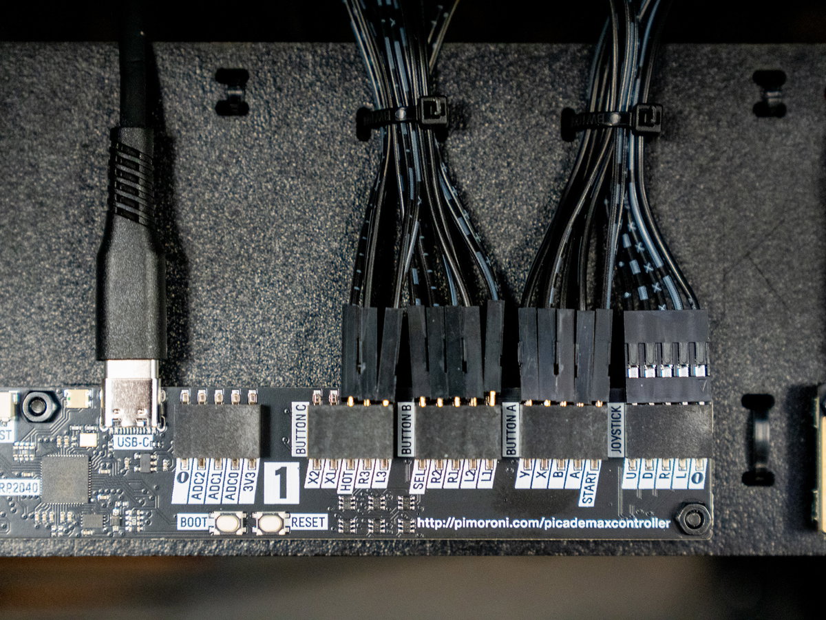 Two-player side button wiring connected to the USB Controller board