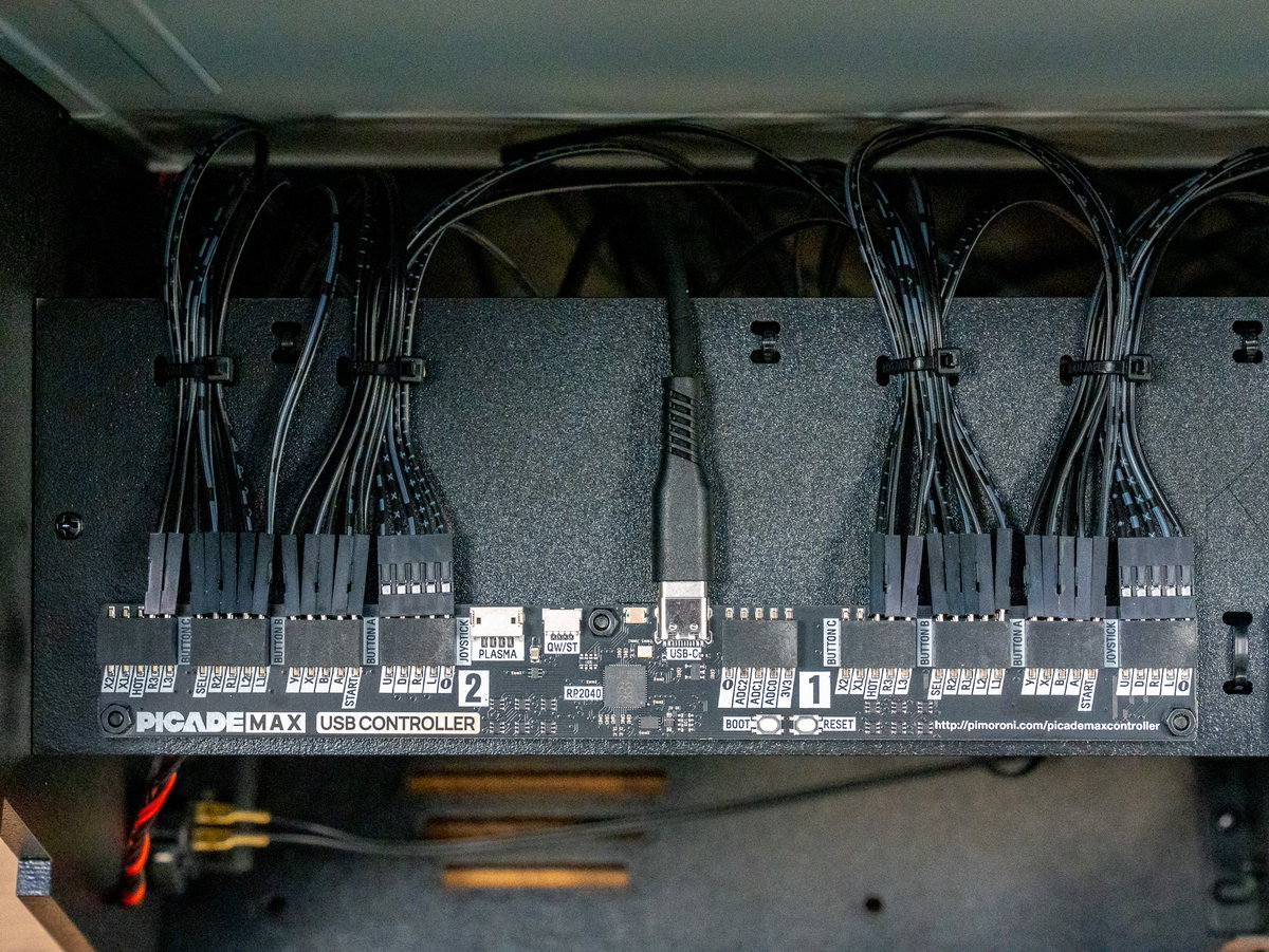Two-player button wiring connected to the USB Controller board