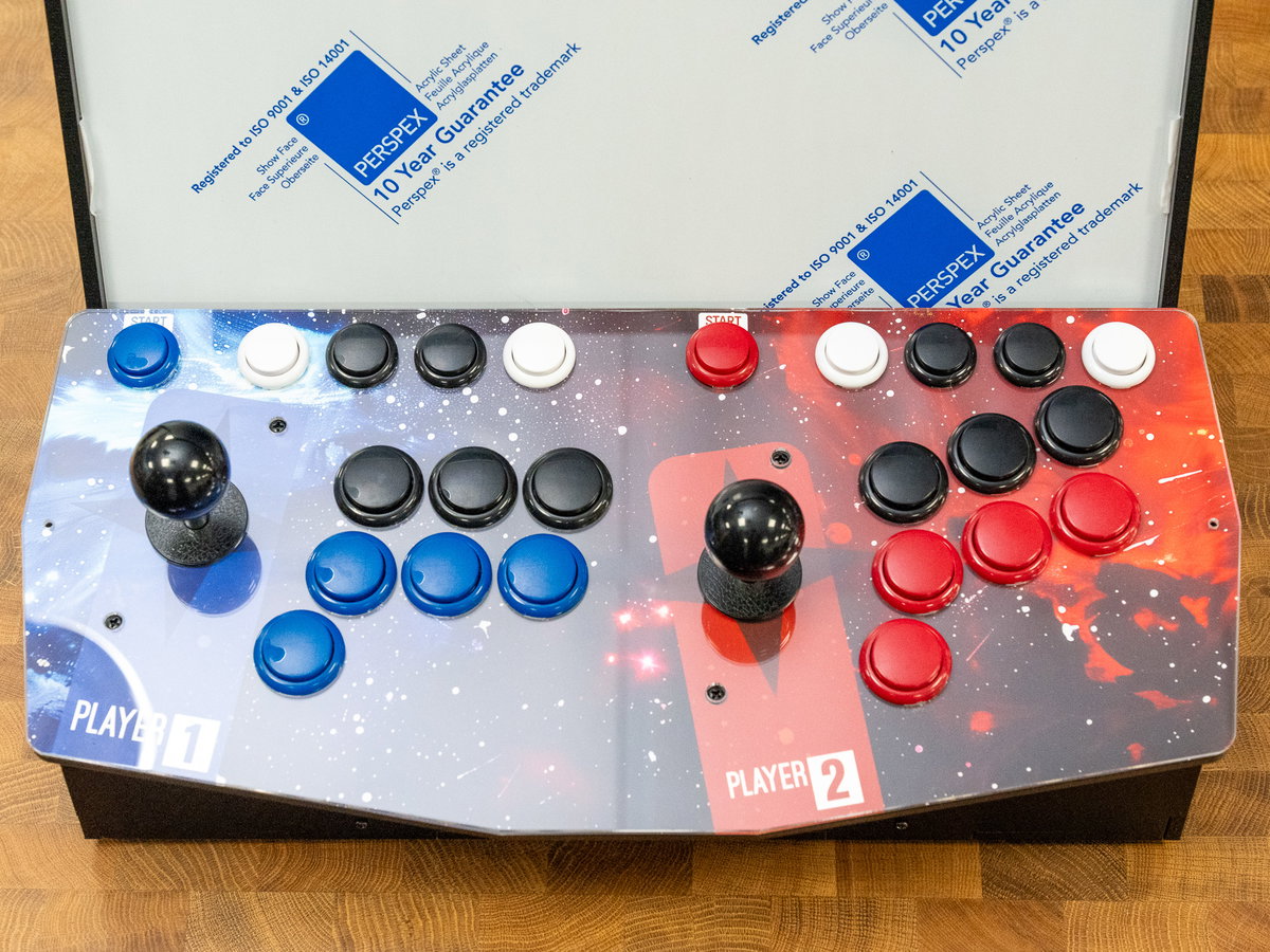 Completed two-player console assembly from the front