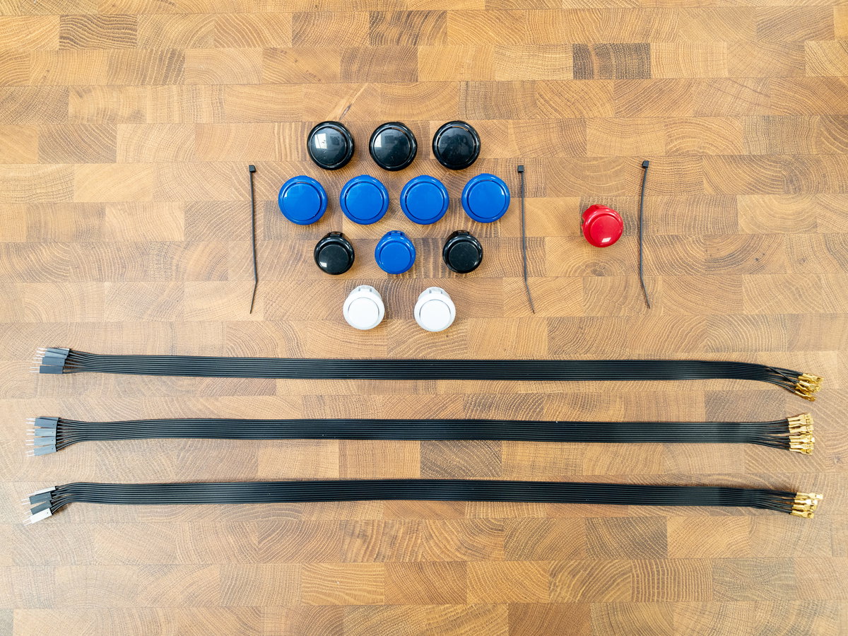 One-player arcade buttons and wiring loom connectors