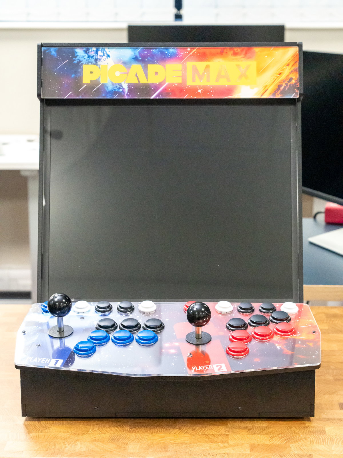 Completed Picade Max arcade cabinet powered on