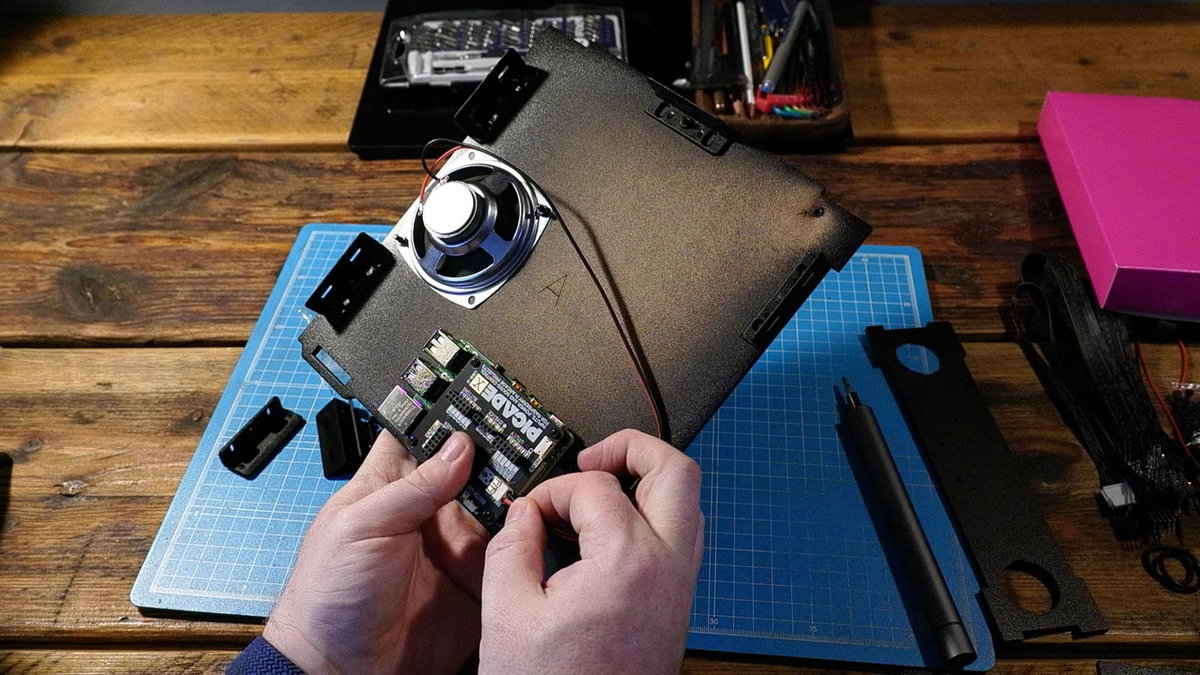 Speaker wires connected to the Picade X HAT