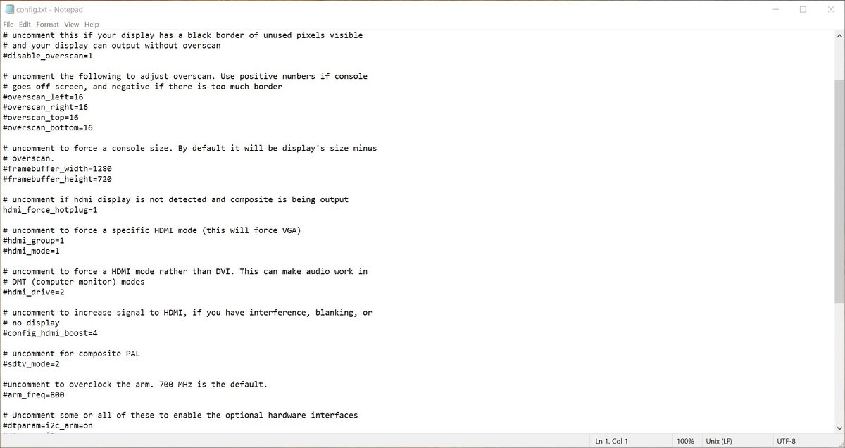 config.txt open in Notepad with the hdmi_force_hotplug setting visible
