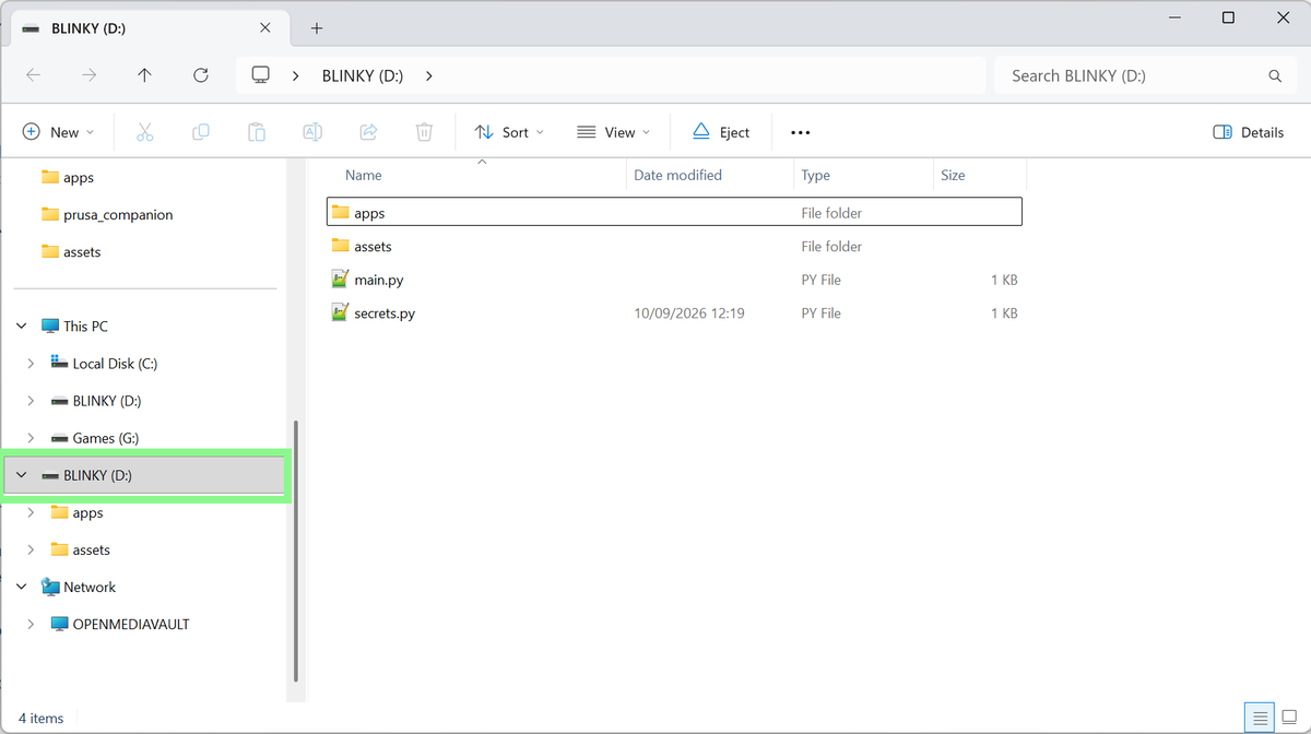 Screenshot of Windows 11 file manager open at the BLINKY drive.