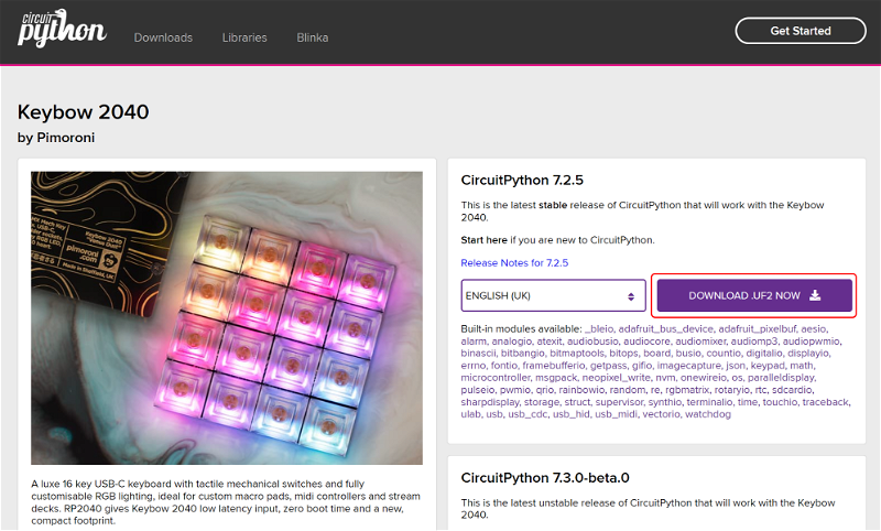 Screenshot showing CircuitPython download page