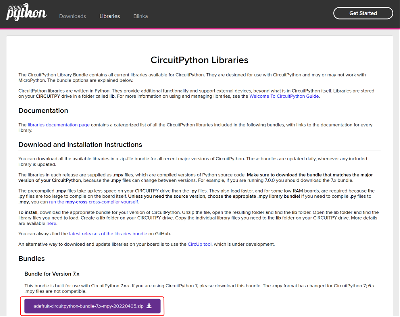 Screenshot showing the CircuitPython Library Bundle download page