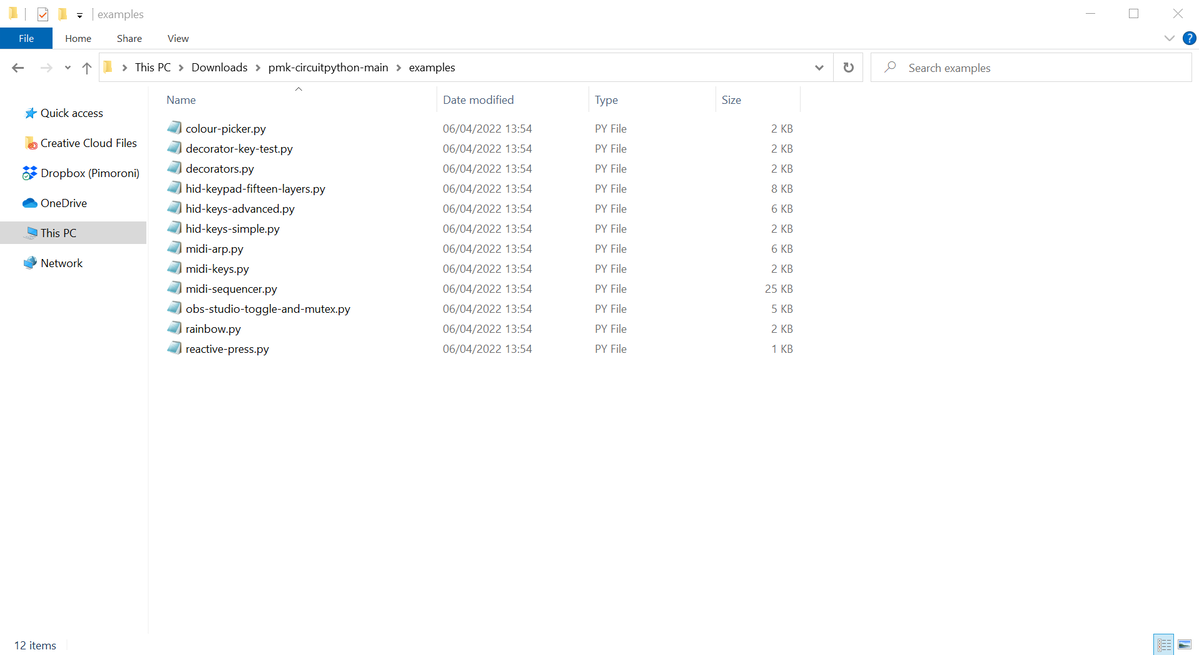 Screenshot showing the downloaded example files