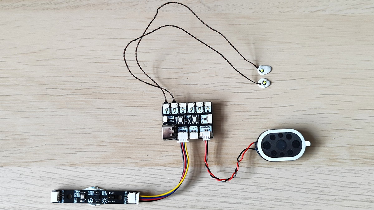 LED dots and speaker connected to the Tiny FX board