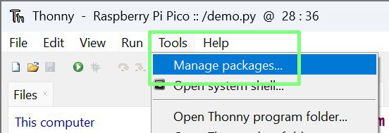 Thonny's Tools menu with Manage Packages selected