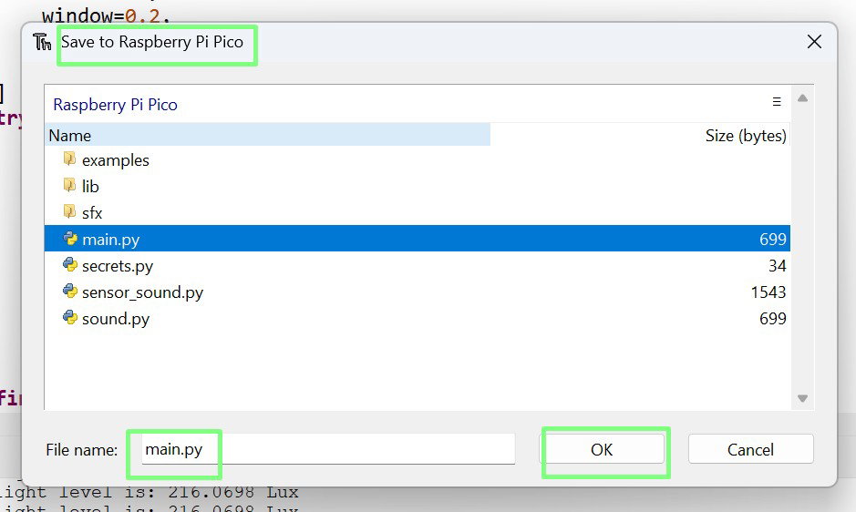 Thonny saving the Tiny FX program as main.py