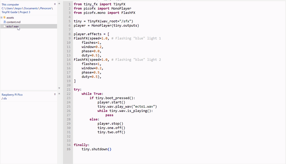 Thonny uploading an audio file to the sfx directory