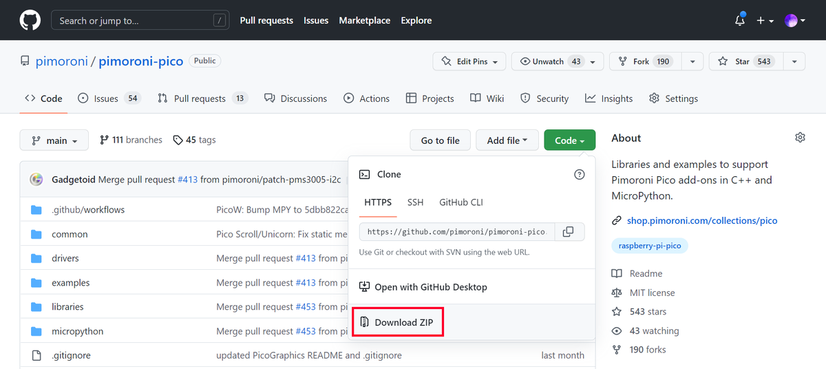 Downloading pimoroni-pico from GitHub