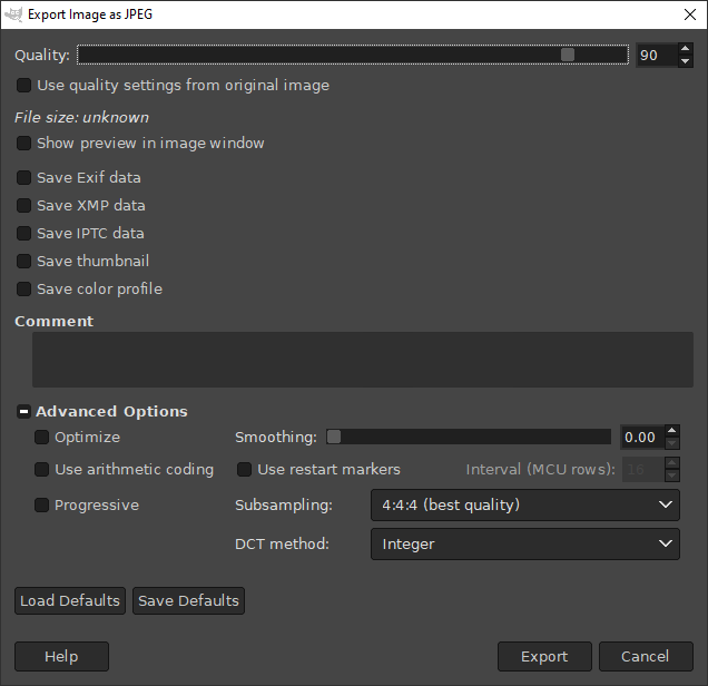 Screenshot showing how to export a jpeg using GIMP