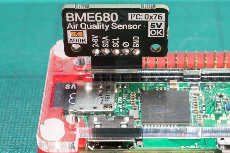 Close-up of mounted BME680 and solder pads