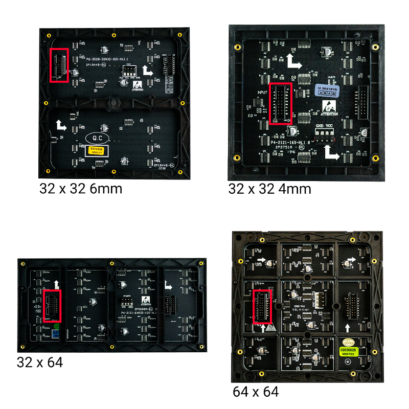 Four different sized LED panels with data in connectors labelled