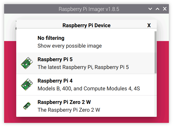 Raspberry Pi Imager Device Filter