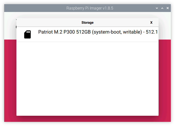 Raspberry Pi Imager Storage Selector