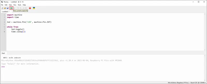 Screenshot showing blink program in Thonny