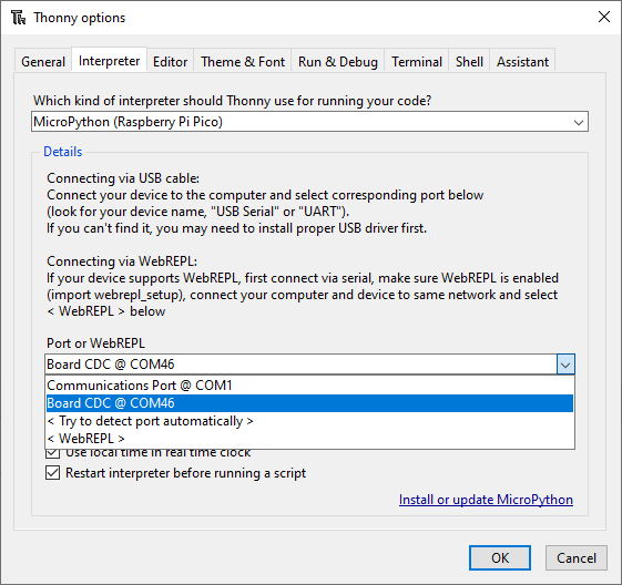 Screenshot showing manual USB device selection