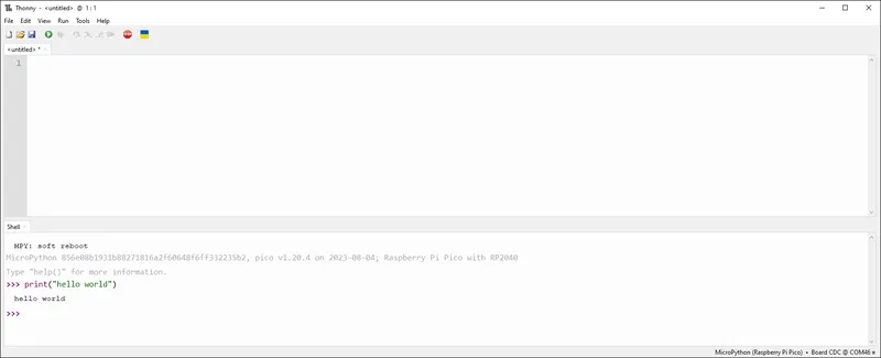 Screenshot showing Hello World in Thonny