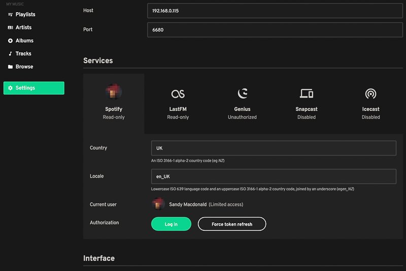 Screenshot of Spotify login section on Settings page