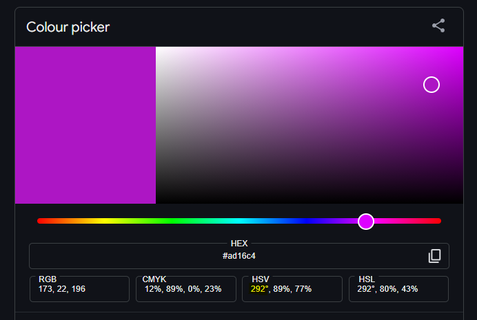 Screenshot of a colour picker, with the Hue value highlighted